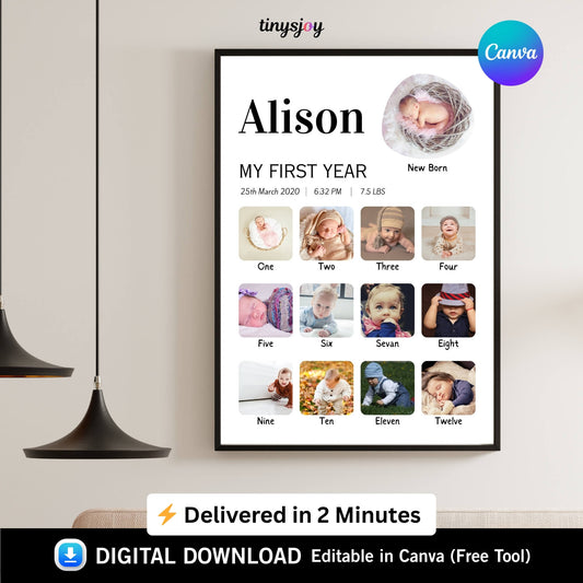 Baby First Year Photo Frame – Editable in Canva Digital Download