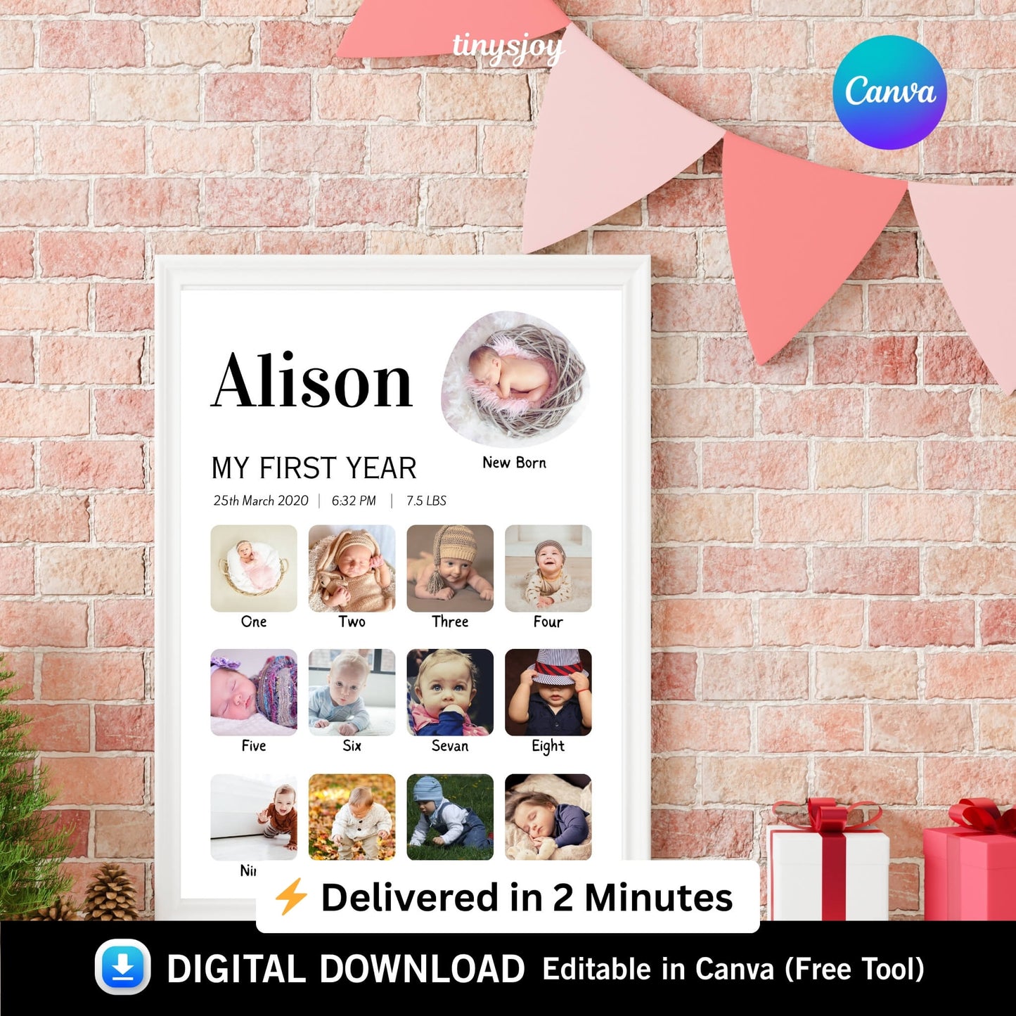 Baby First Year Photo Frame – Editable in Canva Digital Download