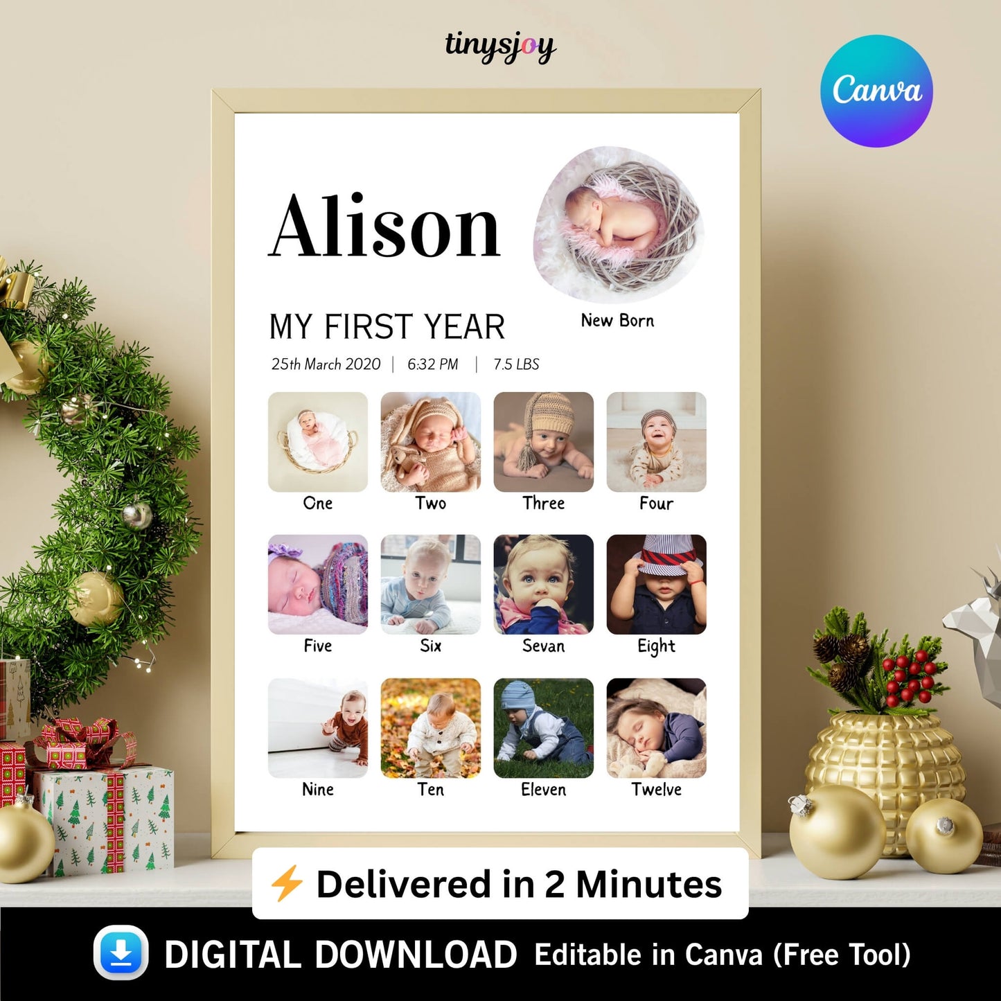 Baby First Year Photo Frame – Editable in Canva Digital Download