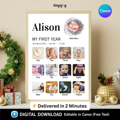Baby First Year Photo Frame – Editable in Canva Digital Download