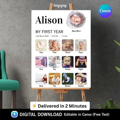 Baby First Year Photo Frame – Editable in Canva Digital Download