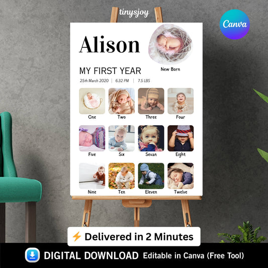 Baby First Year Photo Frame – Editable in Canva Digital Download