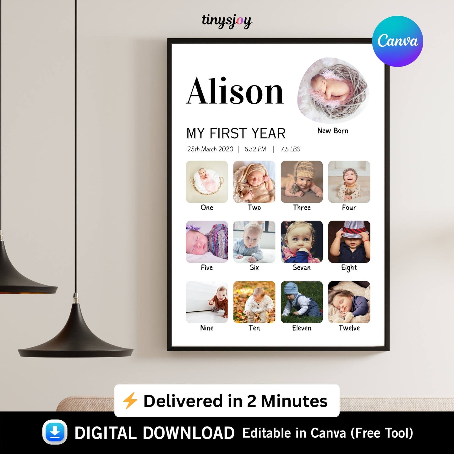 Baby First Year Photo Frame – Editable in Canva Digital Download