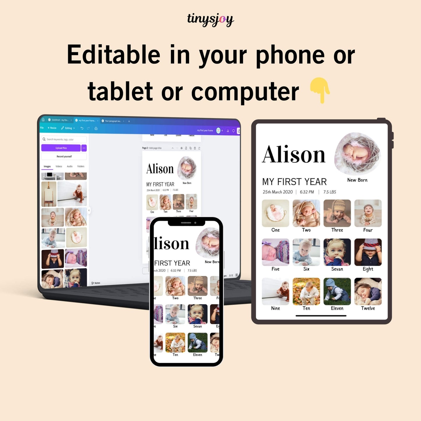 Baby First Year Photo Frame – Editable in Canva Digital Download