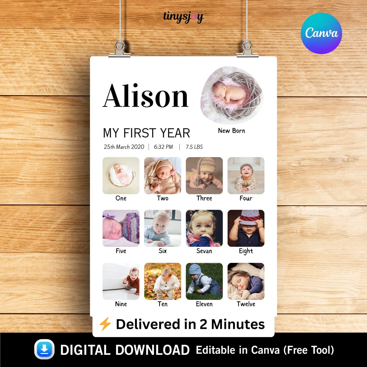 Baby First Year Photo Frame – Editable in Canva Digital Download
