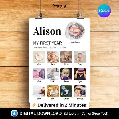 Baby First Year Photo Frame – Editable in Canva Digital Download