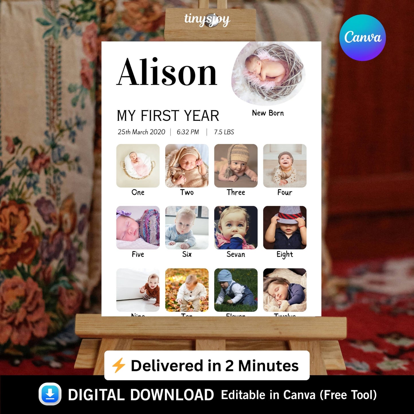 Baby First Year Photo Frame – Editable in Canva Digital Download