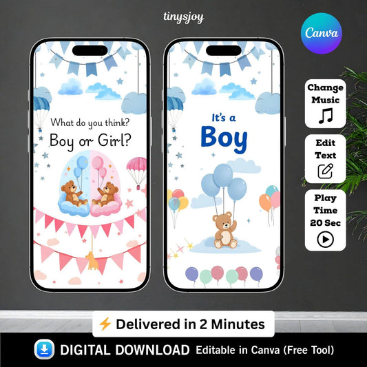 Gender Reveal Video – Editable Canva Digital Announcement